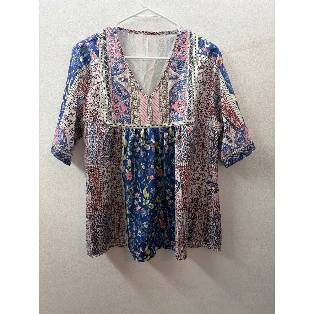 Bohemian Mixed Floral Paisley Patchwork V-Neck Tunic Top Blue Pink XL